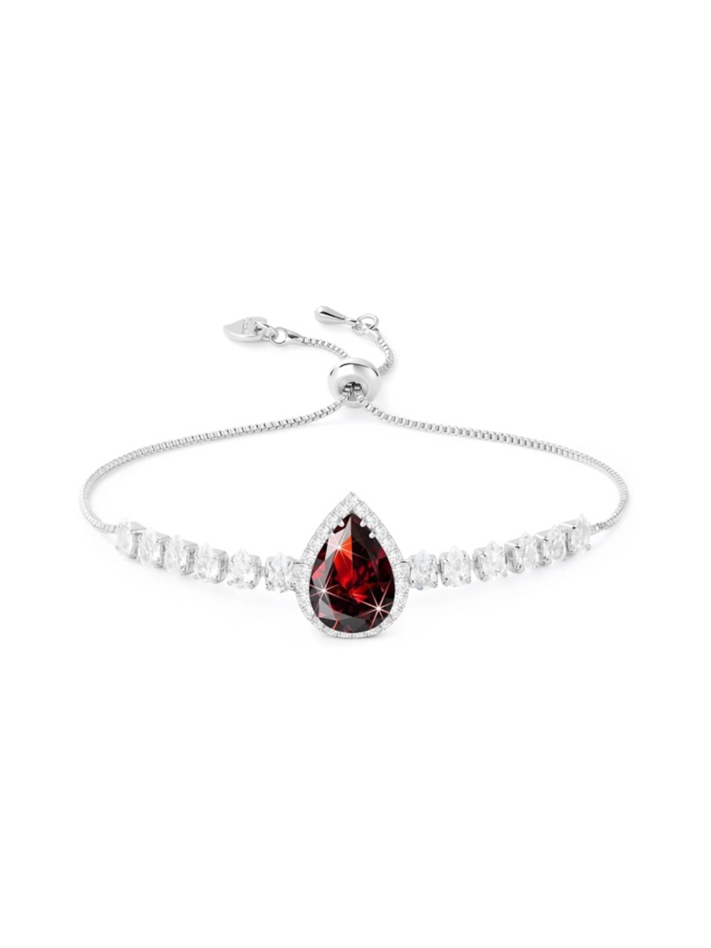 Lina Silver Bracelet with Deep Red Pear Gemstone and Clear Accents